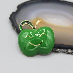 Green apple fruit smile cute gold tone pin brooch